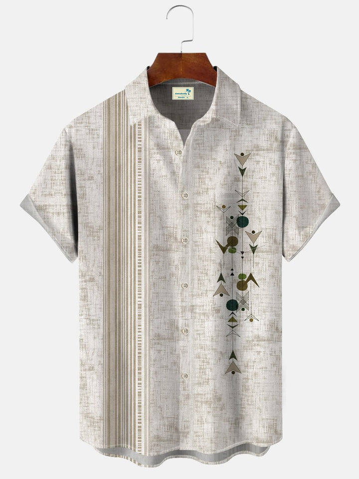 Alohadaddy Geometric Stripes Cotton and Linen Pattern Men Button Pocket 50S Bowling Commuter Casual Short Sleeve Shirt