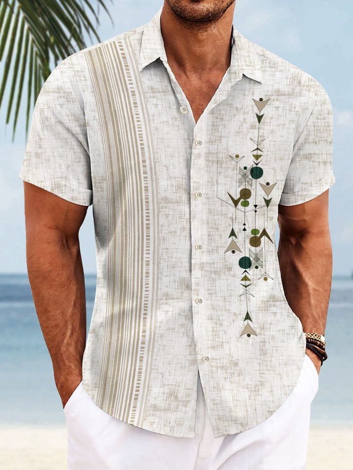 Alohadaddy Geometric Stripes Cotton and Linen Pattern Men Button Pocket 50S Bowling Commuter Casual Short Sleeve Shirt