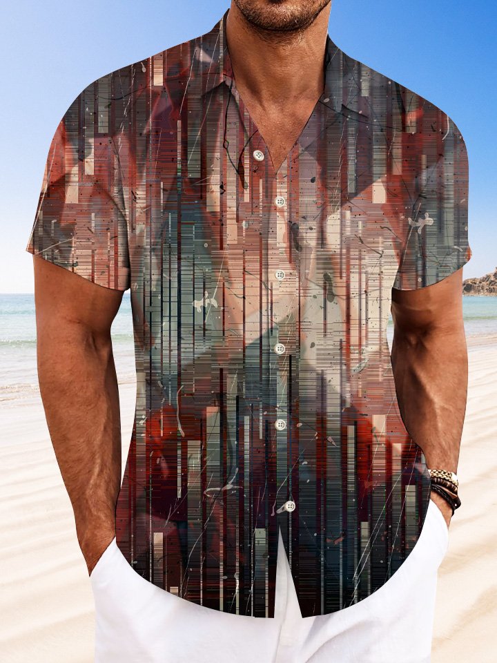 Chemise à manches courtes décontractée à poches boutonnées pour hommes avec motif géométrique et peinture à l&