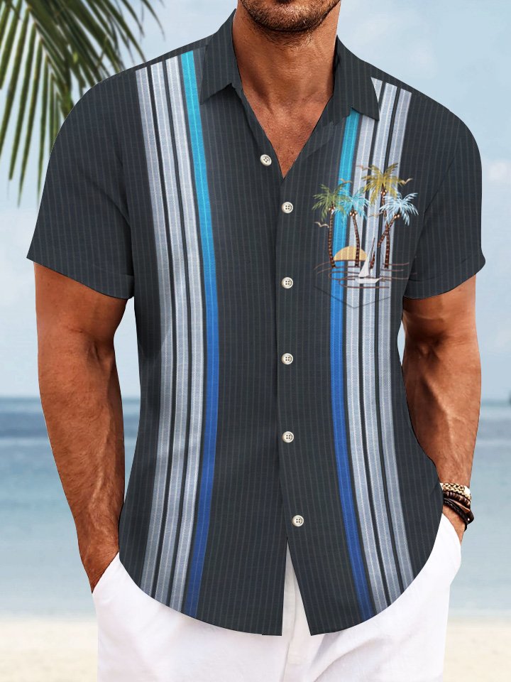 Camisa informal de manga corta para hombre, estilo años 50, con bolsillos y botones, diseño de árbol de coco y rayas geométricas de Alohadaddy