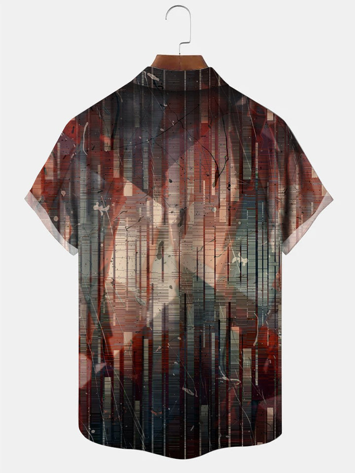 Chemise à manches courtes décontractée à poches boutonnées pour hommes avec motif géométrique et peinture à l&