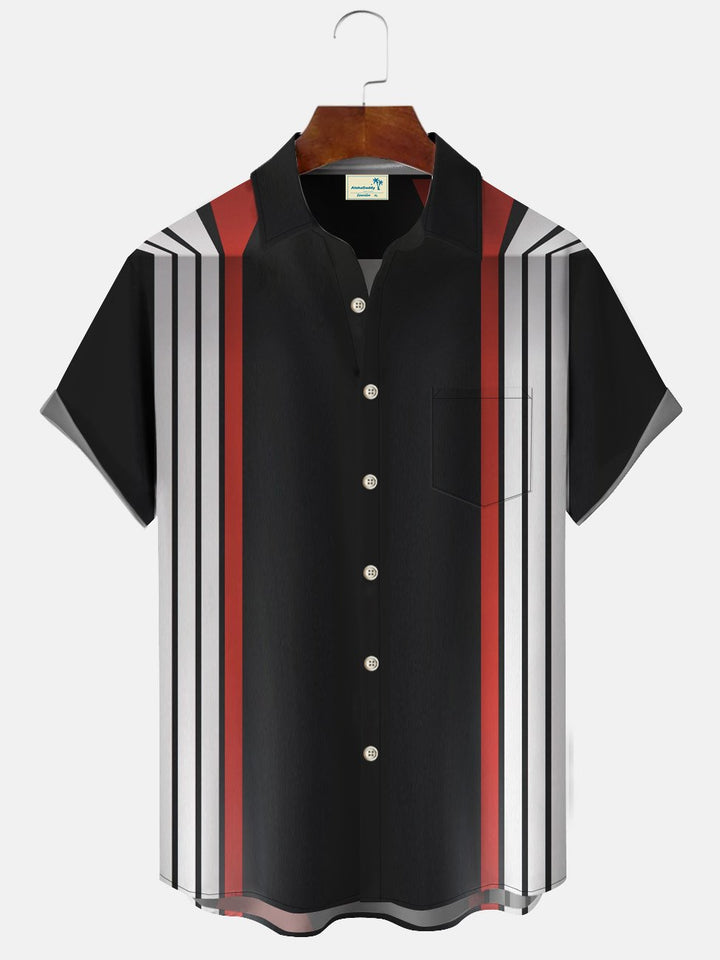 Alohadaddy Geometric Stripes Men Button Pocket 50S Bowling Commuter Casual Short Sleeve Shirt