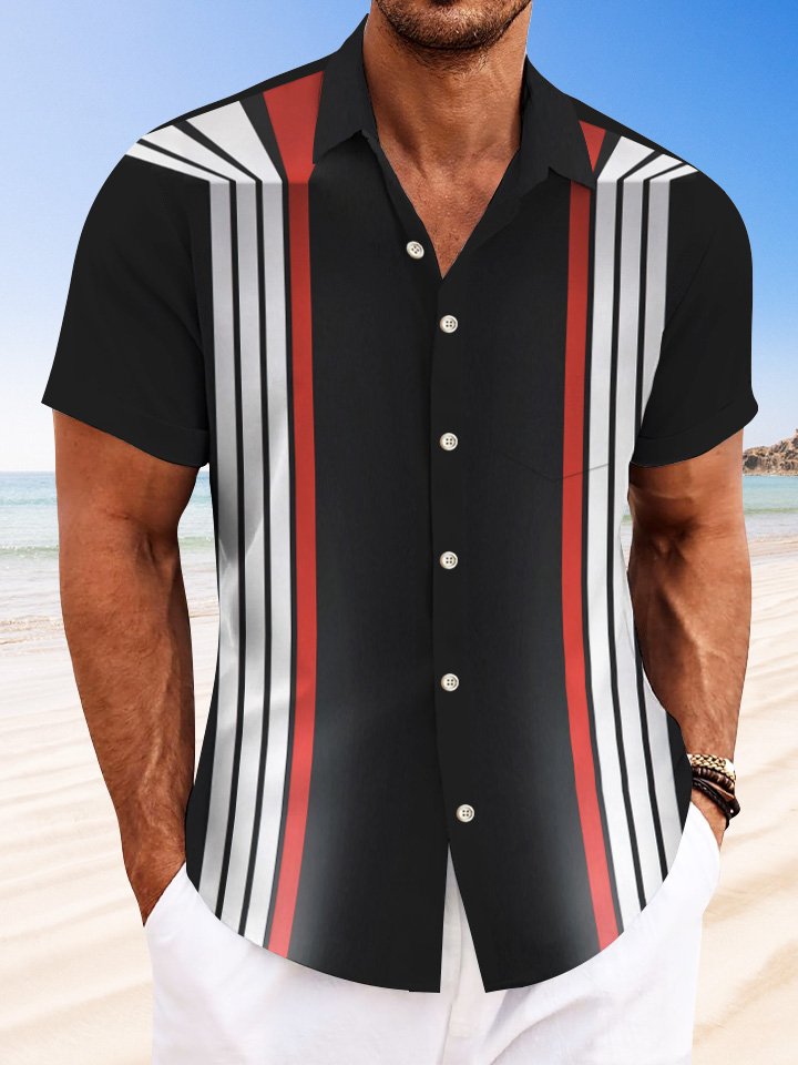 Alohadaddy Geometric Stripes Men Button Pocket 50S Bowling Commuter Casual Short Sleeve Shirt