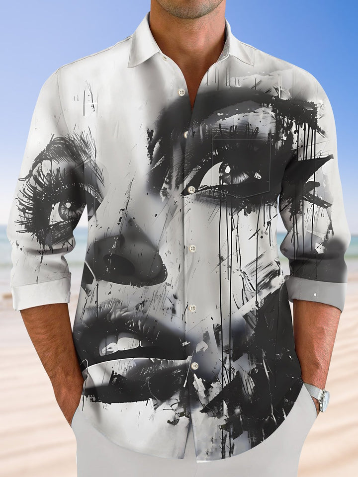 Camisa informal de manga larga con botones y bolsillo para hombre con retrato en blanco y negro retro de Alohadaddy