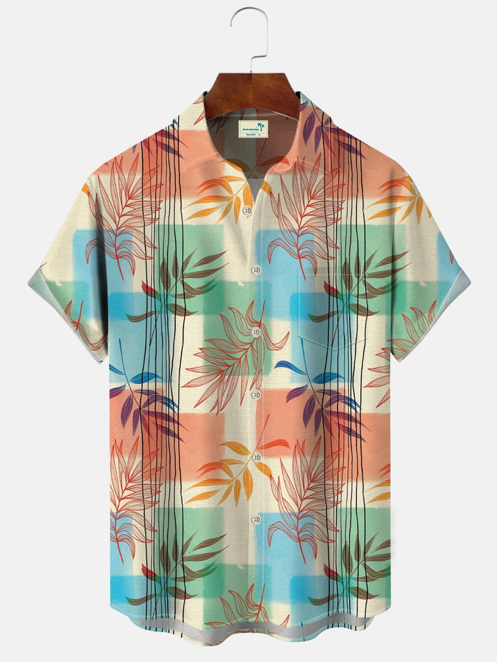 Alohadaddy Leaves Contrast Stripes Tropical Mens Pocket Button Casual Short Sleeve Shirt