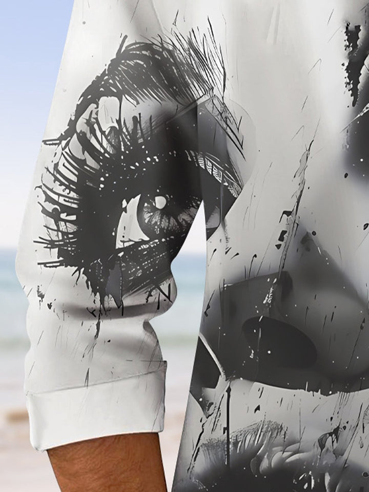 Camisa informal de manga larga con botones y bolsillo para hombre con retrato en blanco y negro retro de Alohadaddy