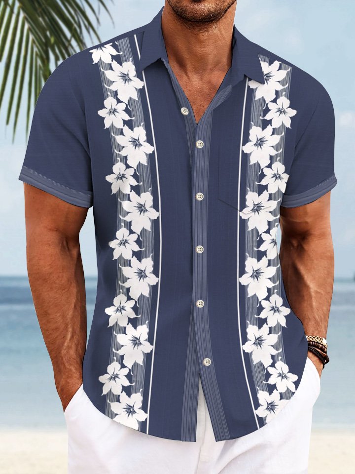 Chemise décontractée à manches courtes et boutons avec poches pour homme à rayures florales Alohadaddy