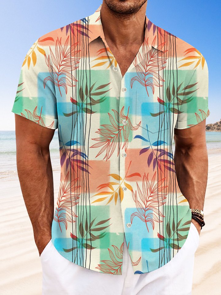 Alohadaddy Leaves Contrast Stripes Tropical Mens Pocket Button Casual Short Sleeve Shirt