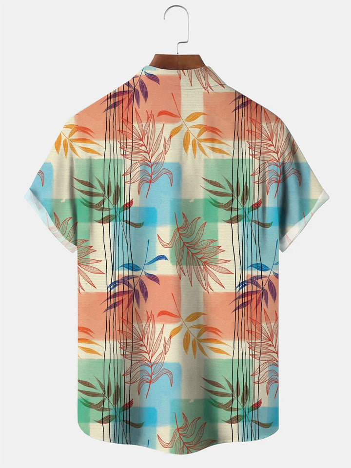 Alohadaddy Leaves Contrast Stripes Tropical Mens Pocket Button Casual Short Sleeve Shirt