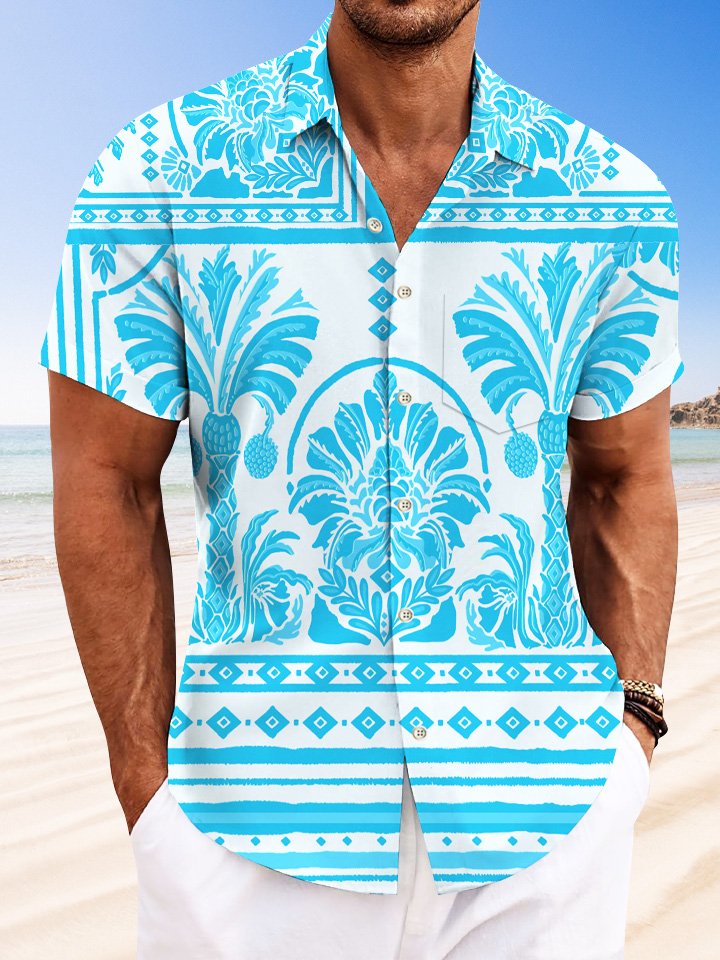 Camisa informal de manga corta con botones y bolsillo para vacaciones para hombre de Alohadaddy Beach Coconut Tree