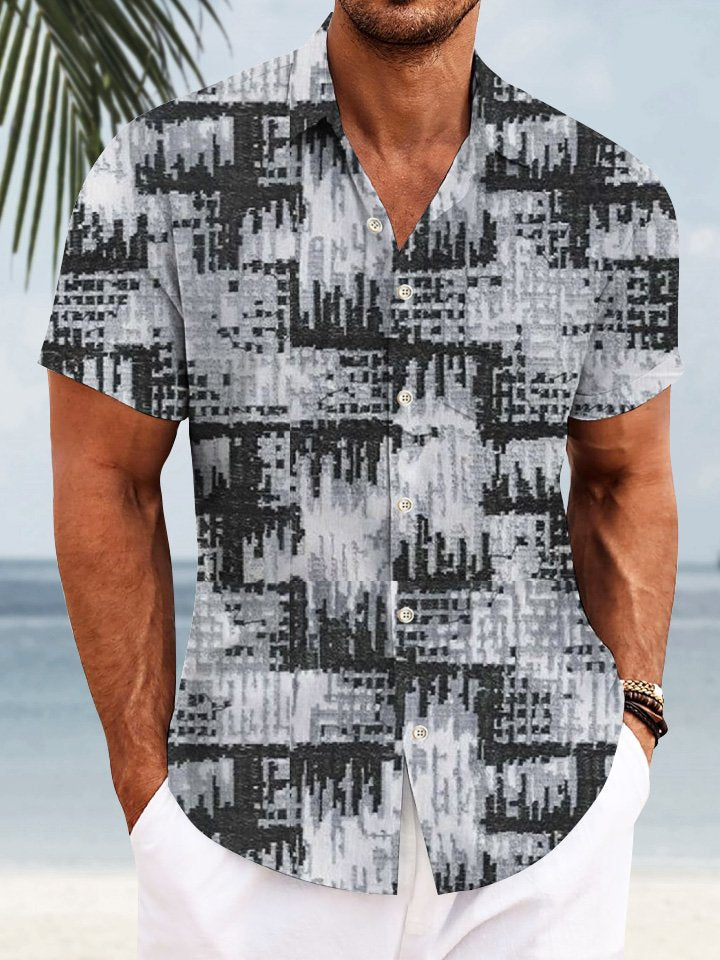 Camisa informal de manga corta con bolsillos abotonados y estampado geométrico vintage para hombre de Alohadaddy