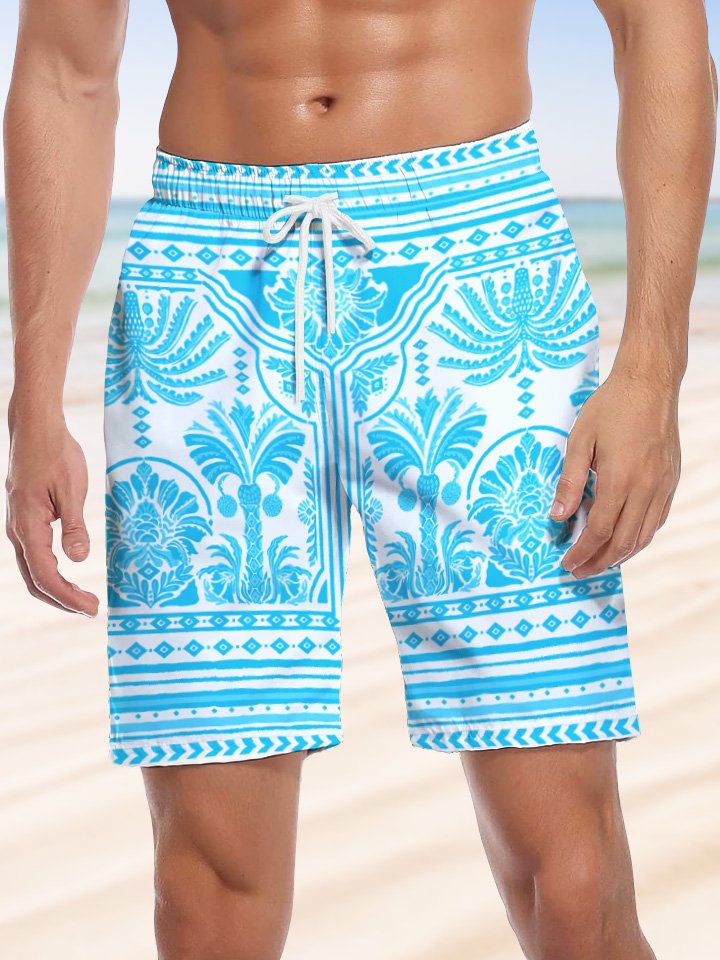 Alohadaddy Coconut Tree Ethnic Pattern Men Pocket Casual Vacation Shorts