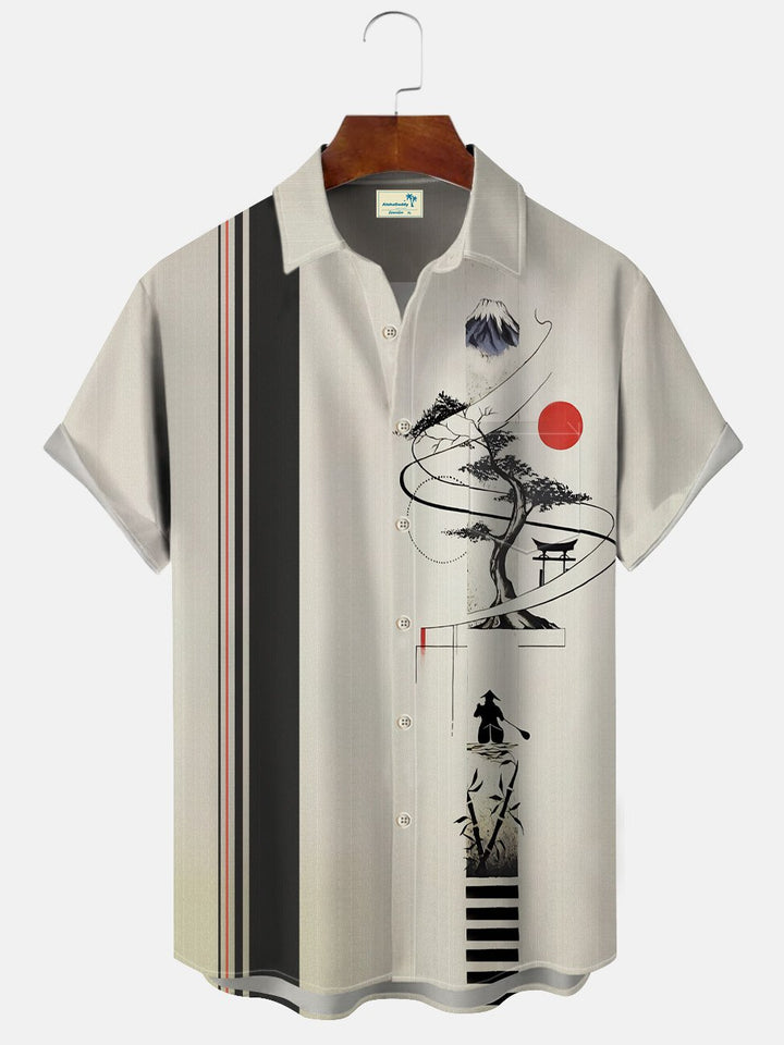 Camisa de manga corta para hombre estilo informal de los años 50 con botones y bolsillos de bambú con rayas geométricas y pintura de paisajes de Alohadaddy