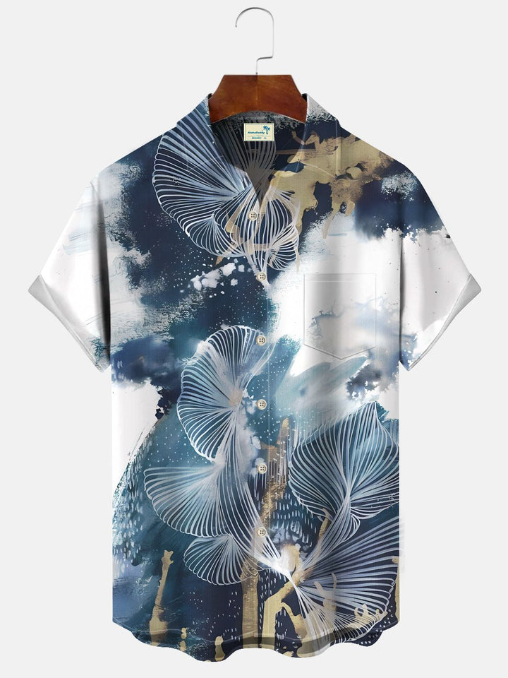 Alohadaddy Plant Leaves Men Pocket Button Casual Vacation Short Sleeve Shirt