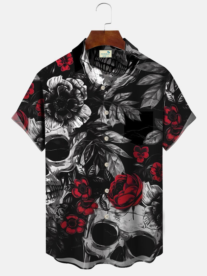Camisa informal de manga corta con botones y bolsillo para hombre con diseño de calavera y rosa de Alohadaddy