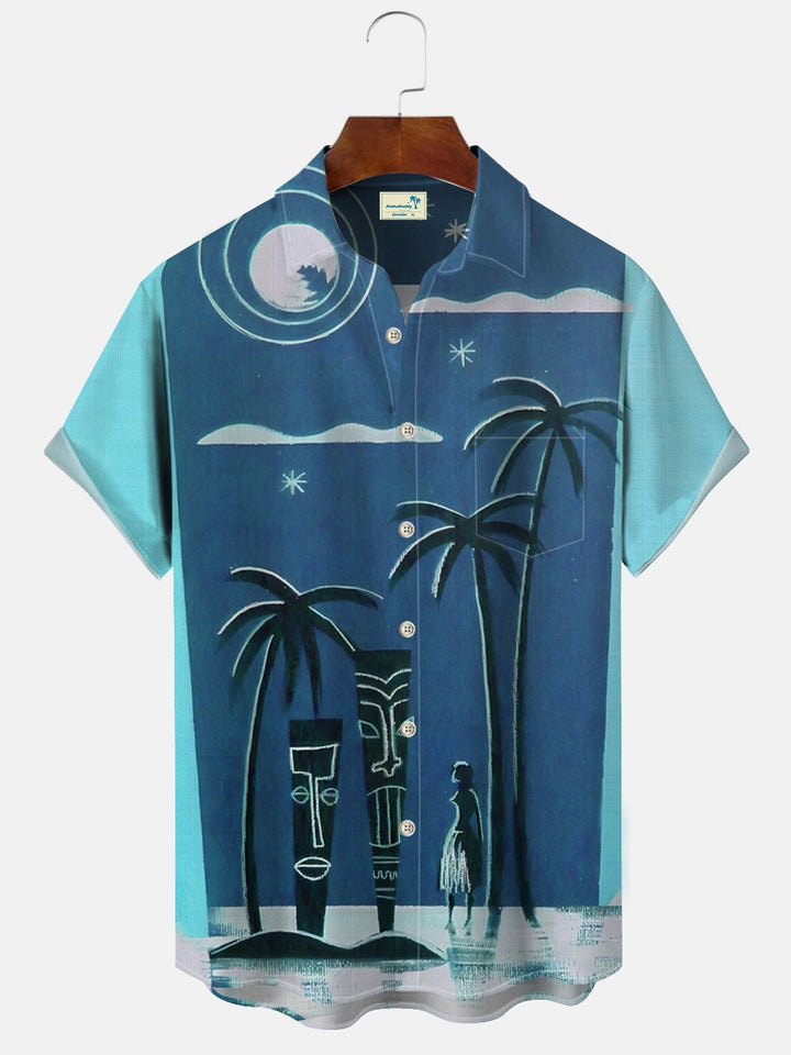 Chemise à manches courtes décontractée à boutons avec poche pour homme Alohadaddy Coconut Tree Stone Statue Beach