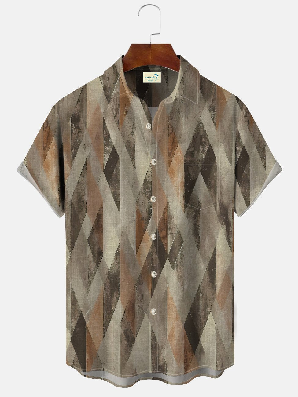 Camisa casual de manga corta con botones y bolsillo para hombre con diseño geométrico vintage de diamantes de Alohadaddy
