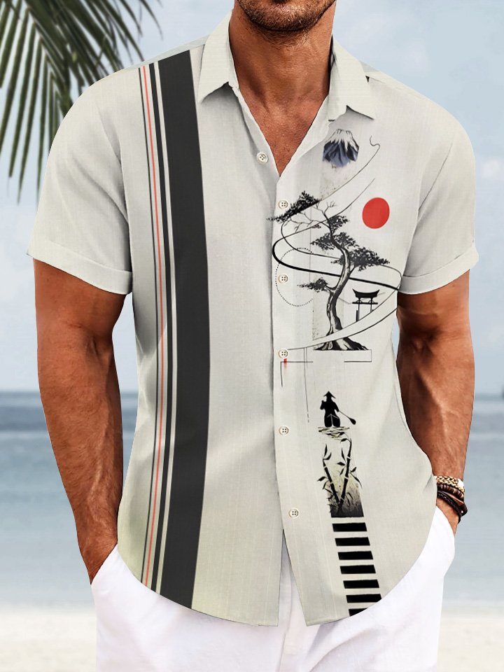 Camisa de manga corta para hombre estilo informal de los años 50 con botones y bolsillos de bambú con rayas geométricas y pintura de paisajes de Alohadaddy