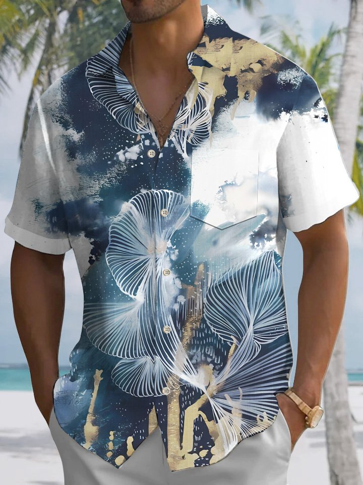 Alohadaddy Plant Leaves Men Pocket Button Casual Vacation Short Sleeve Shirt
