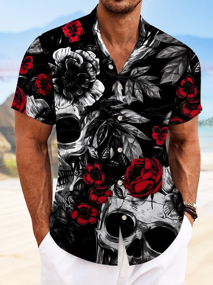 Camisa informal de manga corta con botones y bolsillo para hombre con diseño de calavera y rosa de Alohadaddy
