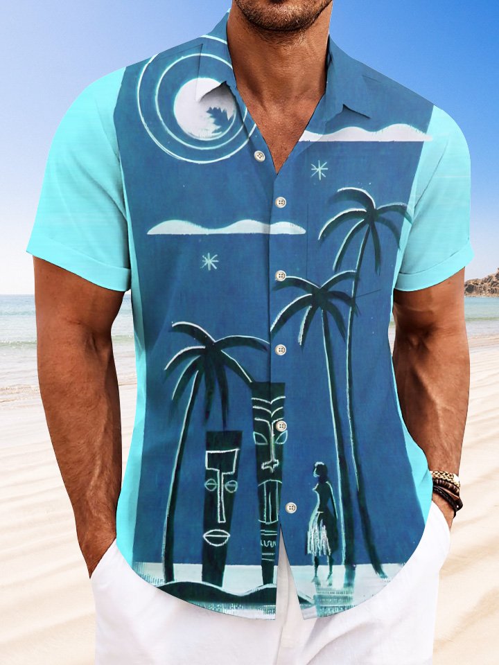 Chemise à manches courtes décontractée à boutons avec poche pour homme Alohadaddy Coconut Tree Stone Statue Beach