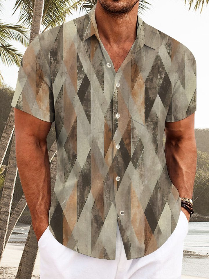 Camisa casual de manga corta con botones y bolsillo para hombre con diseño geométrico vintage de diamantes de Alohadaddy