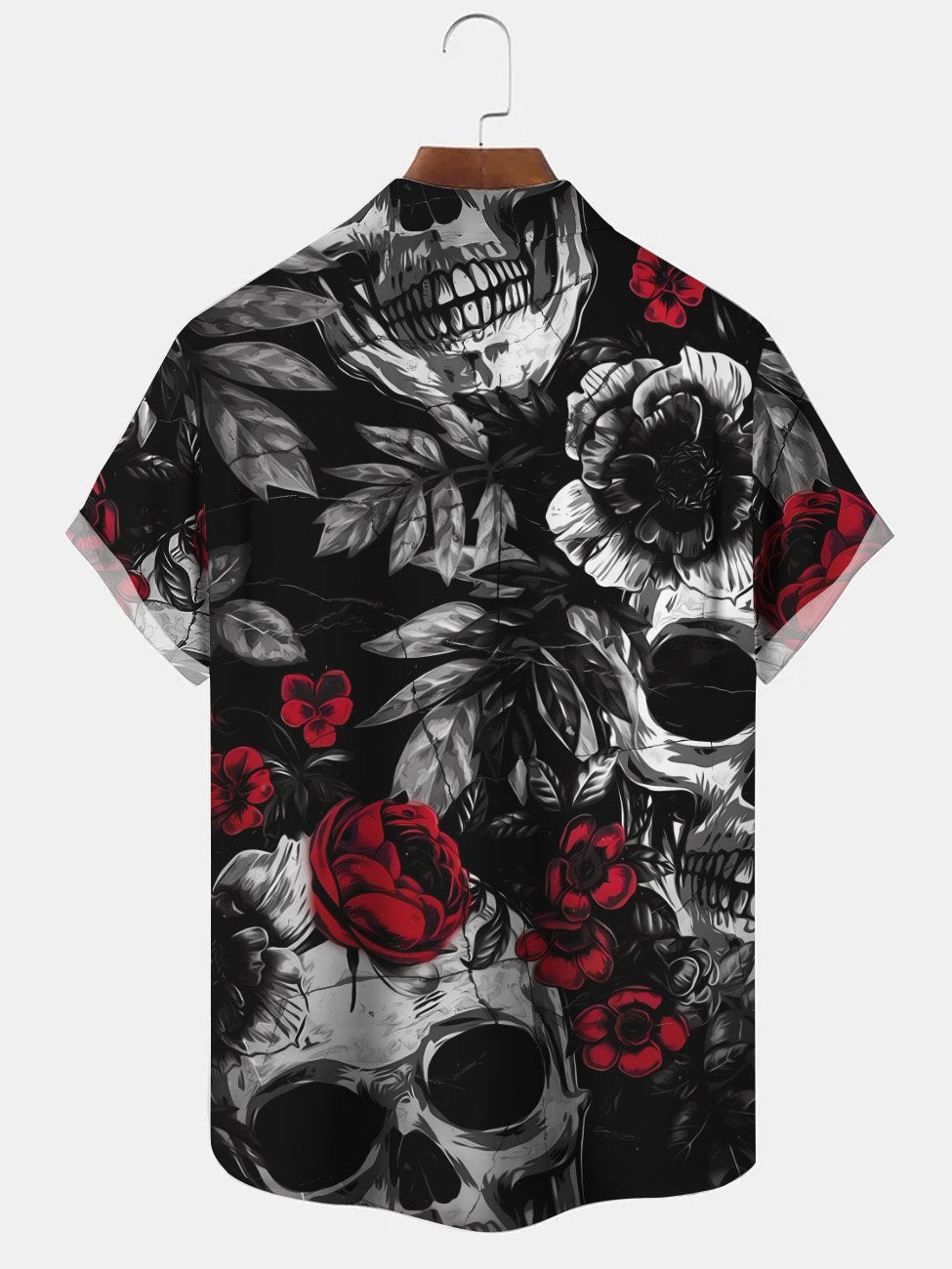 Camisa informal de manga corta con botones y bolsillo para hombre con diseño de calavera y rosa de Alohadaddy