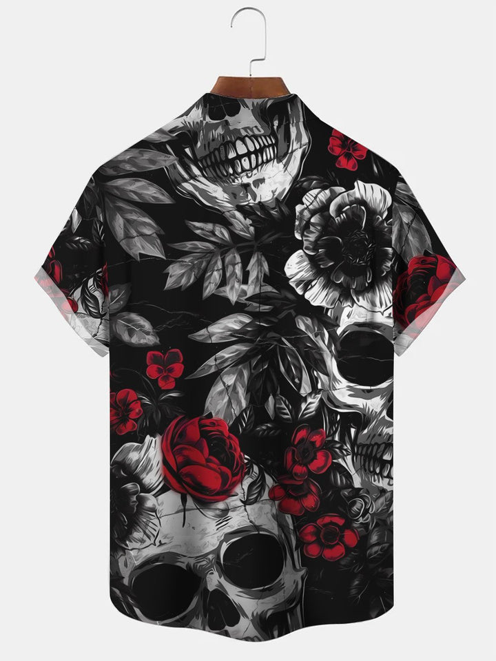 Camisa informal de manga corta con botones y bolsillo para hombre con diseño de calavera y rosa de Alohadaddy