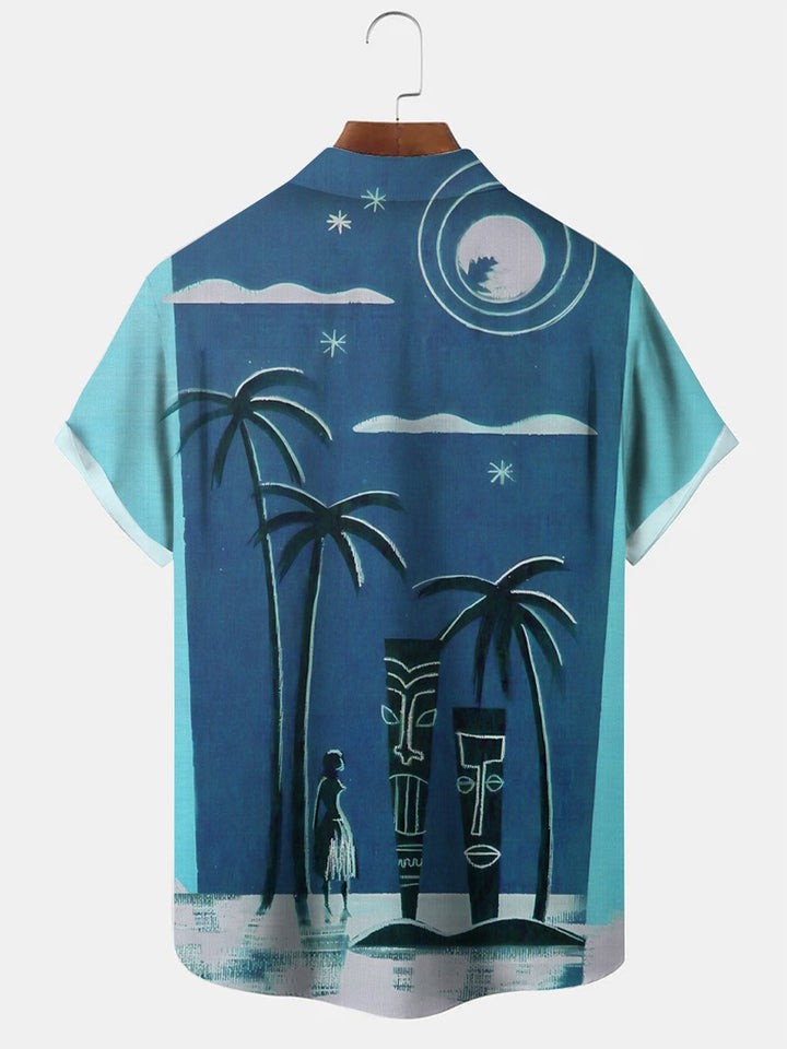 Chemise à manches courtes décontractée à boutons avec poche pour homme Alohadaddy Coconut Tree Stone Statue Beach