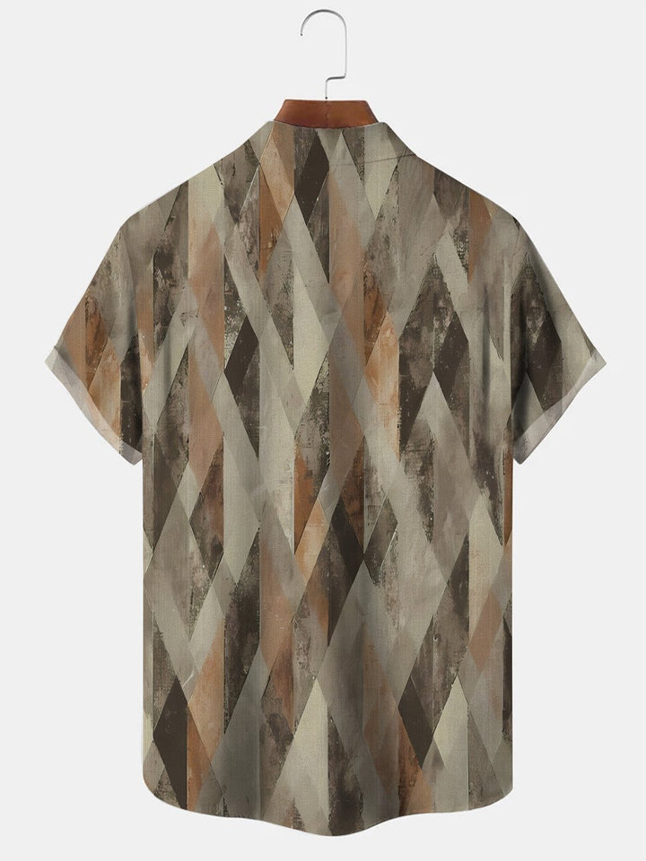 Camisa casual de manga corta con botones y bolsillo para hombre con diseño geométrico vintage de diamantes de Alohadaddy