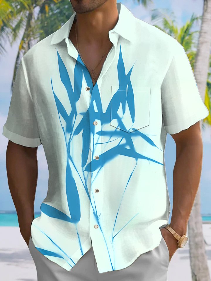 Alohadaddy Plant Leaves Men Button Pocket Casual Short Sleeve Shirt