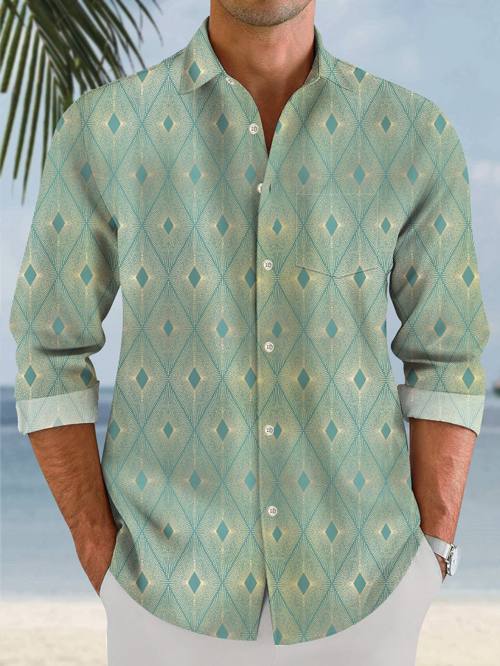 Alohadaddy Geometric Diamond Mens Button Pocket Casual Long Sleeve Shirt