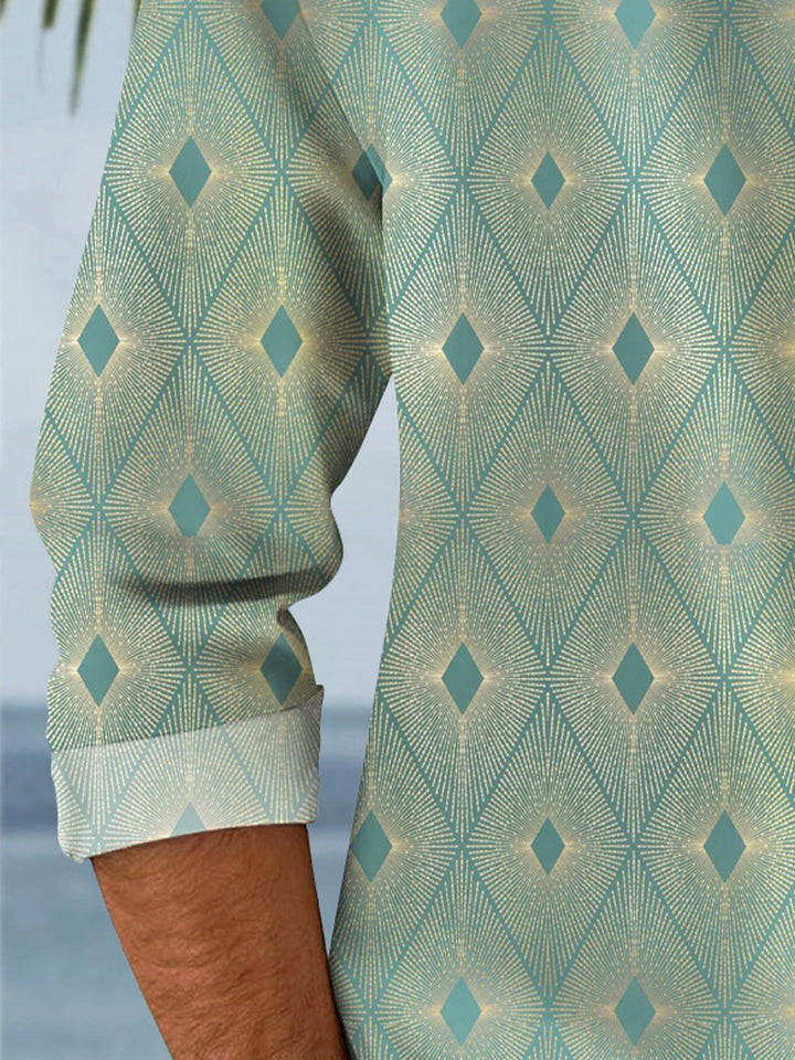 Alohadaddy Geometric Diamond Mens Button Pocket Casual Long Sleeve Shirt