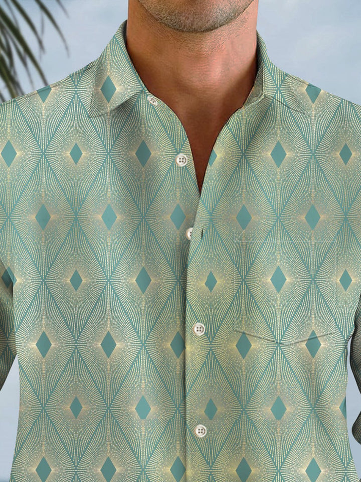 Alohadaddy Geometric Diamond Mens Button Pocket Casual Long Sleeve Shirt