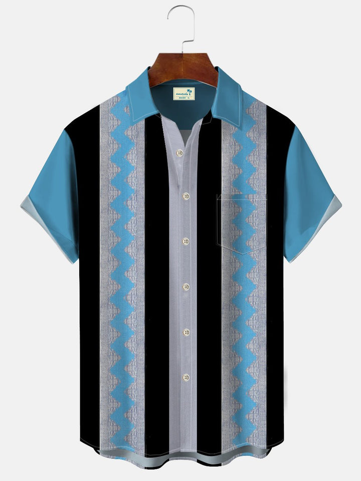 Alohadaddy Curve Geometric Stripes Ethnic Style Men Pocket Button 50S Bowling Commuter Casual Short Sleeve Shirt