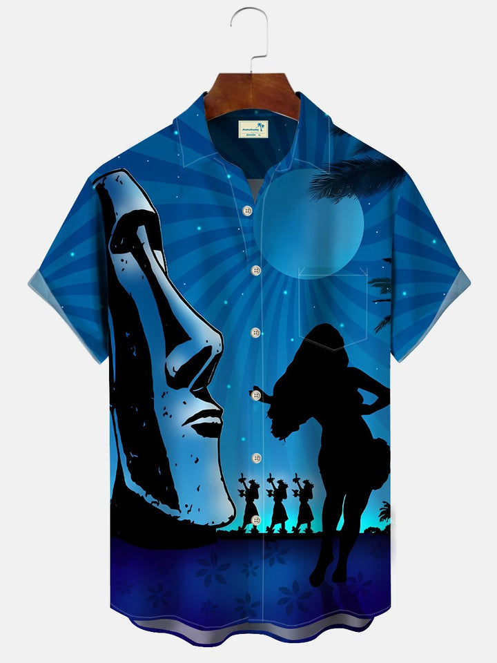 Alohadaddy Stone Statue Vacation Beach Coconut Tree Men Pocket Button Casual Short Sleeve Shirt