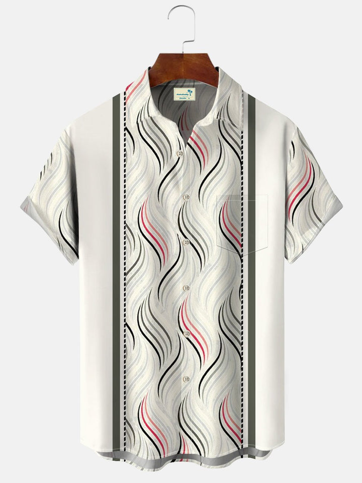 Alohadaddy Geometric Curve Stripes Men Pocket Button Casual 50S Bowling Commuter Short Sleeve Shirt