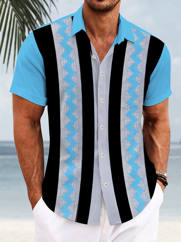 Alohadaddy Curve Geometric Stripes Ethnic Style Men Pocket Button 50S Bowling Commuter Casual Short Sleeve Shirt
