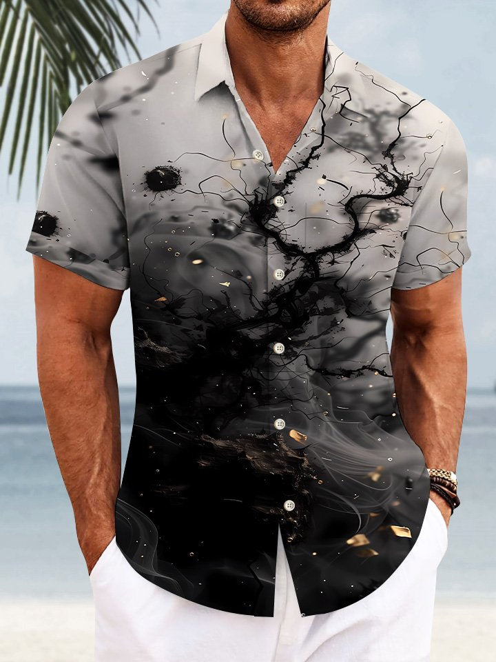 Camisa informal de manga corta con botones y bolsillo para hombre con diseño de plantas y salpicaduras de tinta étnica de Alohadaddy