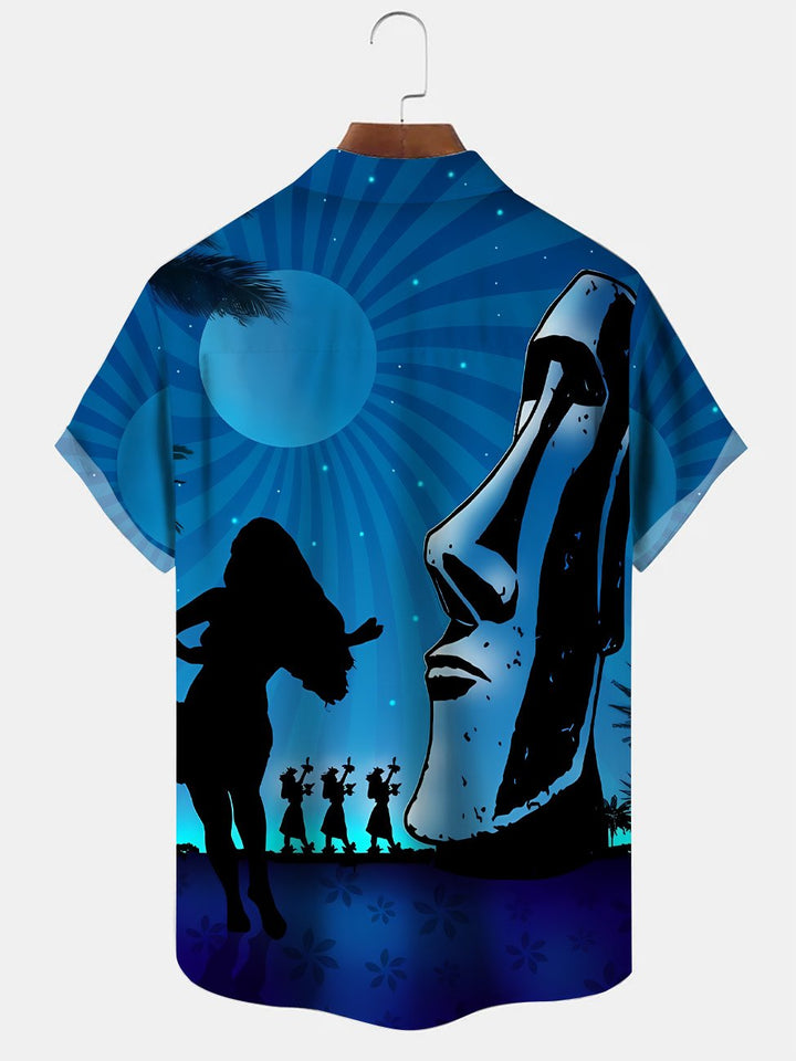 Alohadaddy Stone Statue Vacation Beach Coconut Tree Men Pocket Button Casual Short Sleeve Shirt