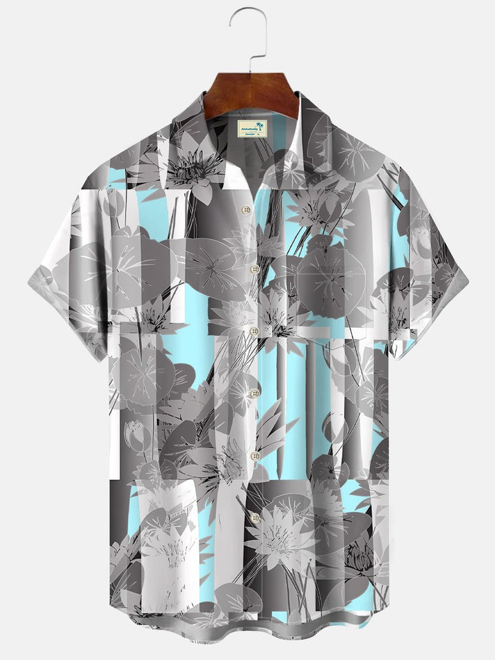 Alohadaddy Flower Geometric Pattern Men Button Pocket Casual Short Sleeve Shirt