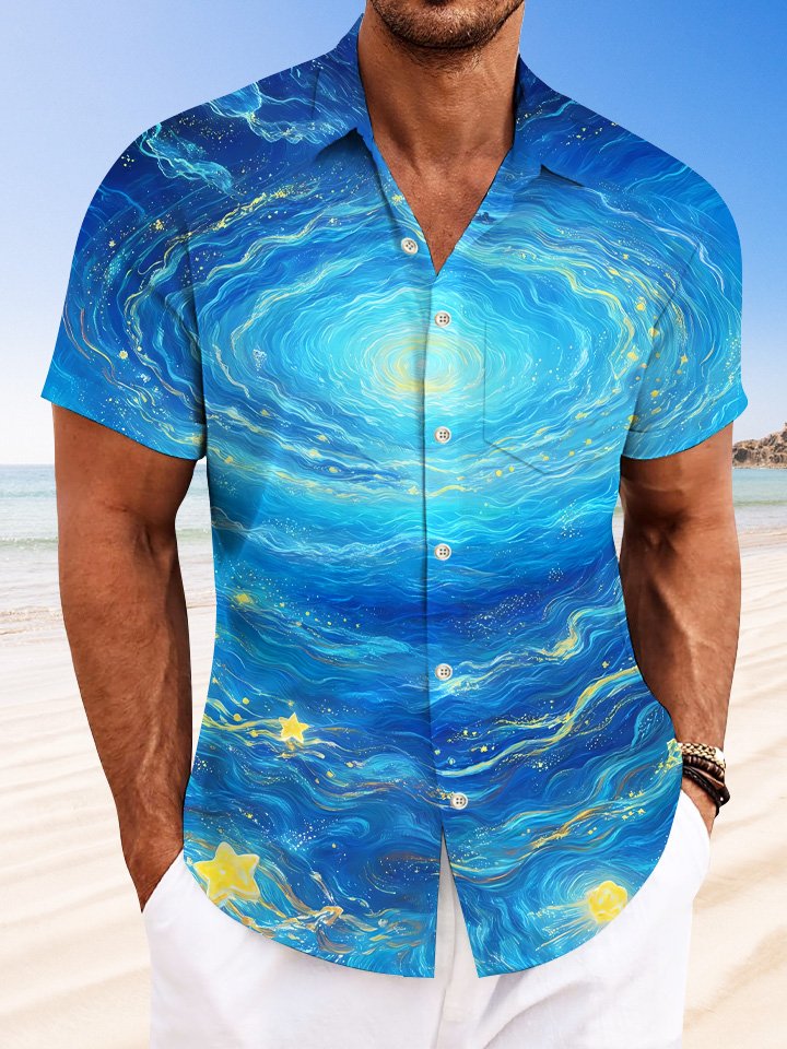 Camisa informal de manga corta con bolsillos y botones para hombre Alohadaddy Starry Sky