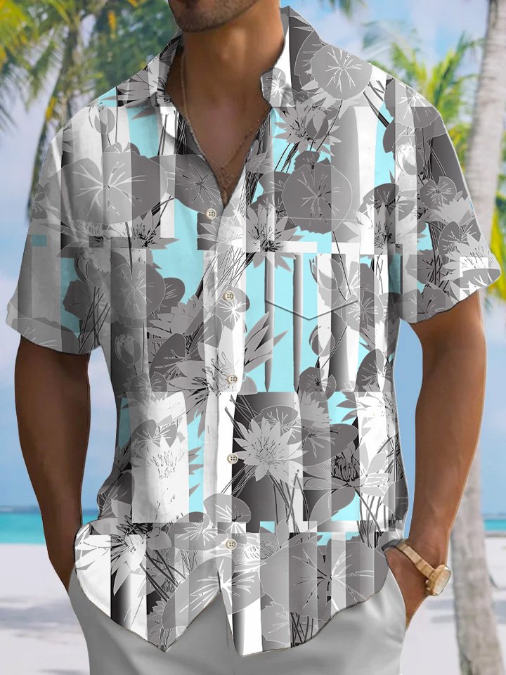 Alohadaddy Flower Geometric Pattern Men Button Pocket Casual Short Sleeve Shirt