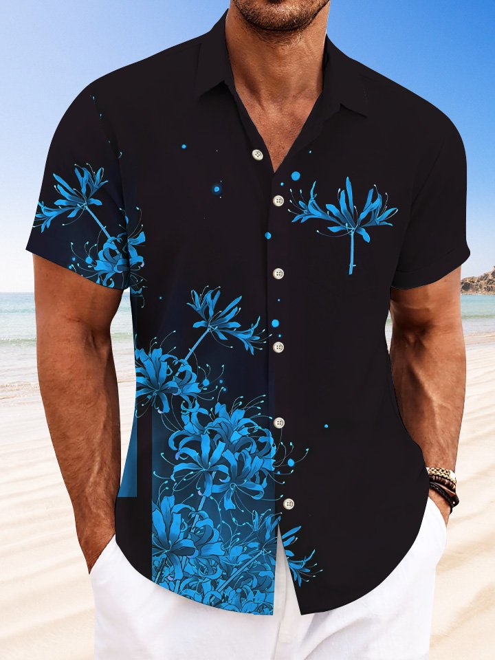 Camisa informal de manga corta con bolsillos y botones y estampado geométrico de flores para hombre de Alohadaddy
