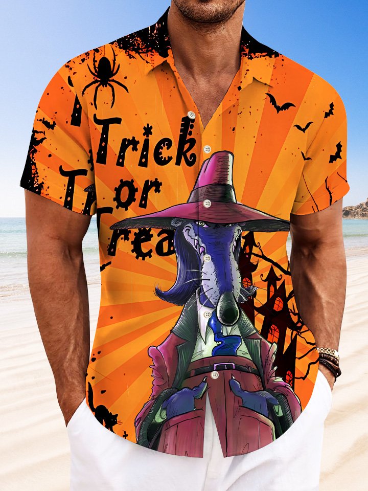 Alohadaddy Halloween Funny Animals Men Button Pocket Casual Vacation Short Sleeve Shirt