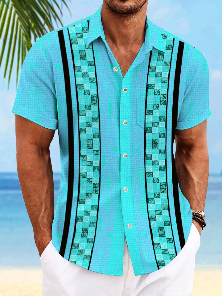 Chemise à manches courtes décontractée pour homme avec poche boutonnée et motif ethnique contrasté Alohadaddy