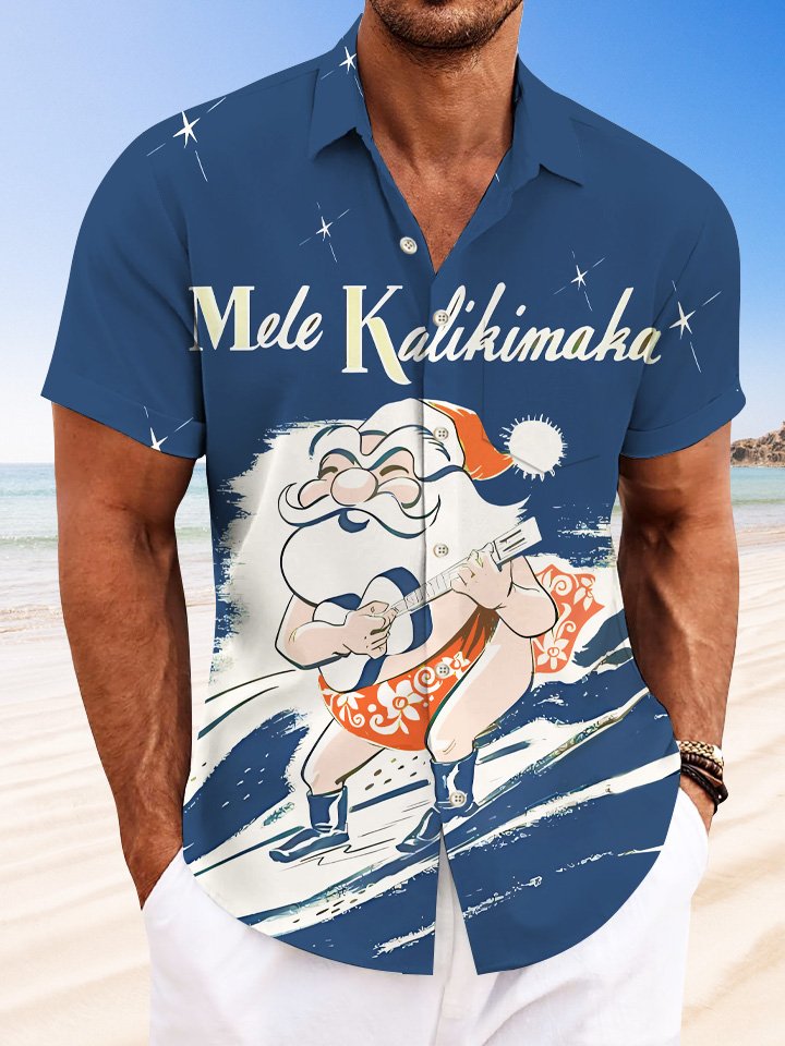 Alohadaddy Christmas Santa Claus Button Pocket Casual Holiday Short Sleeve Shirt