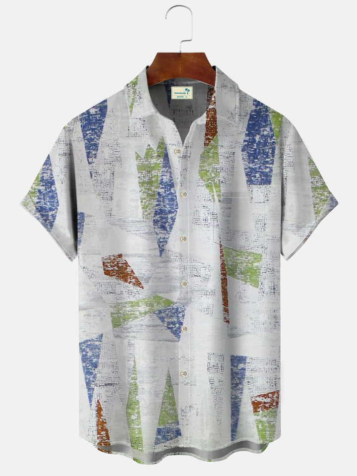 Alohadaddy Geometric Pattern Ethnic Men Pocket Button Casual Short Sleeve Shirt
