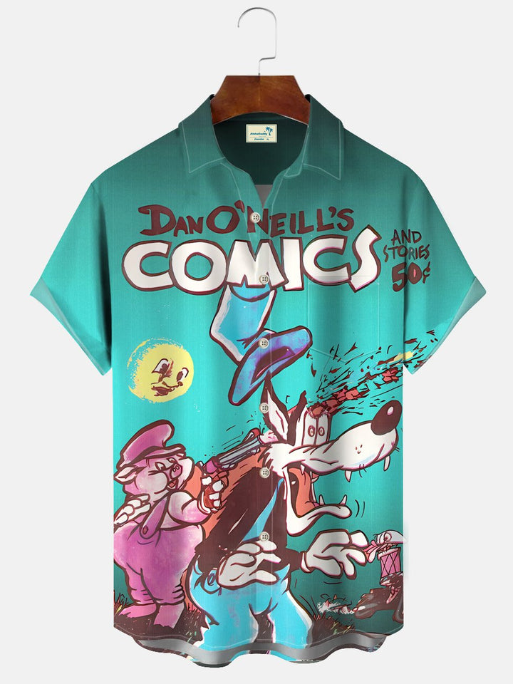 Alohadaddy Cartoon Funny Dog Men Button Pocket Casual Short Sleeve Shirt