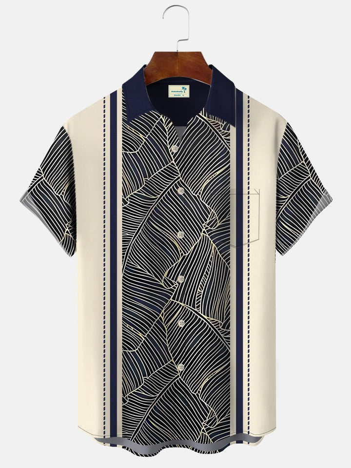 Camisa informal de manga corta para hombre, estilo años 50, con botones, bolsillos y líneas geométricas, con diseño de plantas y hojas de Alohadaddy